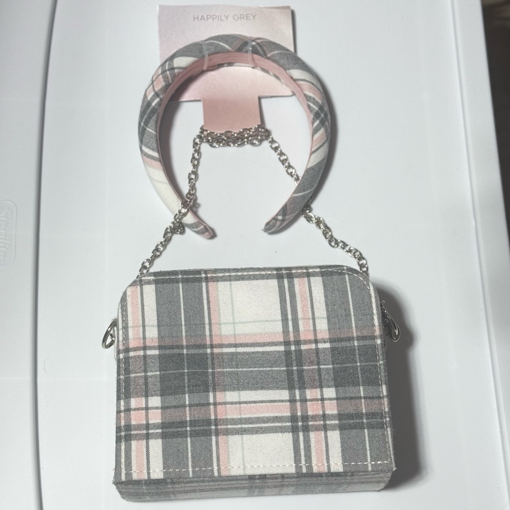 Plaid Women's Headband & Bag - Gray And Pink